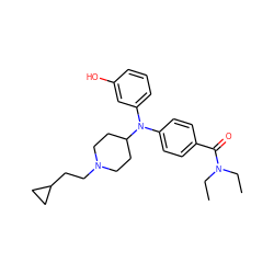 CCN(CC)C(=O)c1ccc(N(c2cccc(O)c2)C2CCN(CCC3CC3)CC2)cc1 ZINC000045324731