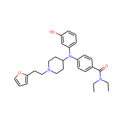 CCN(CC)C(=O)c1ccc(N(c2cccc(O)c2)C2CCN(CCc3ccco3)CC2)cc1 ZINC000045258087