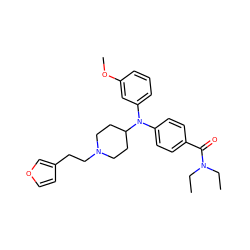 CCN(CC)C(=O)c1ccc(N(c2cccc(OC)c2)C2CCN(CCc3ccoc3)CC2)cc1 ZINC000045256735