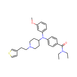 CCN(CC)C(=O)c1ccc(N(c2cccc(OC)c2)C2CCN(CCc3ccsc3)CC2)cc1 ZINC000045258084