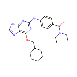 CCN(CC)C(=O)c1ccc(Nc2nc(OCC3CCCCC3)c3nc[nH]c3n2)cc1 ZINC000022309248