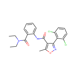 CCN(CC)C(=O)c1ccccc1NC(=O)c1c(-c2c(Cl)cccc2Cl)noc1C ZINC000028129935