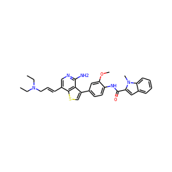 CCN(CC)C/C=C/c1cnc(N)c2c(-c3ccc(NC(=O)c4cc5ccccc5n4C)c(OC)c3)csc12 ZINC000028822585