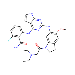 CCN(CC)CC(=O)N1CCc2cc(OC)c(Nc3nc(Nc4cccc(F)c4C(N)=O)c4cc[nH]c4n3)cc21 ZINC000044404860