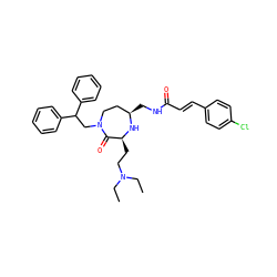 CCN(CC)CC[C@@H]1N[C@H](CNC(=O)/C=C/c2ccc(Cl)cc2)CCN(CC(c2ccccc2)c2ccccc2)C1=O ZINC000118691993