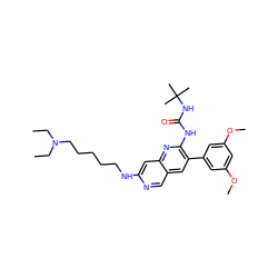 CCN(CC)CCCCCNc1cc2nc(NC(=O)NC(C)(C)C)c(-c3cc(OC)cc(OC)c3)cc2cn1 ZINC000013647838