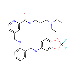 CCN(CC)CCCNC(=O)c1cc(CNc2ccccc2C(=O)Nc2ccc3c(c2)OC(F)(F)O3)ccn1 ZINC000028951752