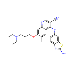 CCN(CC)CCCOc1cc2ncc(C#N)c(Nc3ccc4nc(N)sc4c3)c2cc1C ZINC000040891626