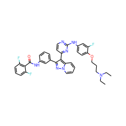 CCN(CC)CCCOc1ccc(Nc2nccc(-c3c(-c4cccc(NC(=O)c5c(F)cccc5F)c4)nn4ccccc34)n2)cc1F ZINC000049604960