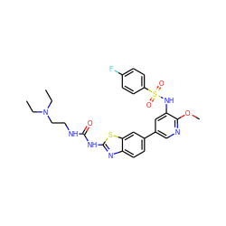 CCN(CC)CCNC(=O)Nc1nc2ccc(-c3cnc(OC)c(NS(=O)(=O)c4ccc(F)cc4)c3)cc2s1 ZINC000473117362