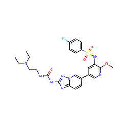 CCN(CC)CCNC(=O)Nc1nc2ccc(-c3cnc(OC)c(NS(=O)(=O)c4ccc(F)cc4)c3)cn2n1 ZINC000473110939