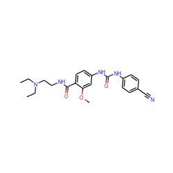 CCN(CC)CCNC(=O)c1ccc(NC(=O)Nc2ccc(C#N)cc2)cc1OC ZINC000028383396