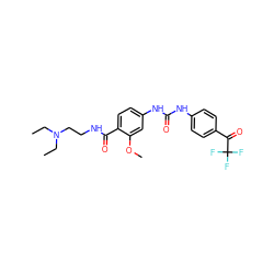 CCN(CC)CCNC(=O)c1ccc(NC(=O)Nc2ccc(C(=O)C(F)(F)F)cc2)cc1OC ZINC000028359203
