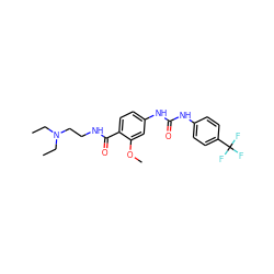 CCN(CC)CCNC(=O)c1ccc(NC(=O)Nc2ccc(C(F)(F)F)cc2)cc1OC ZINC000028389442