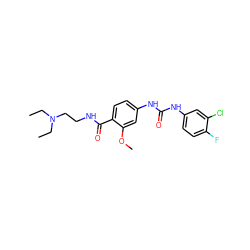 CCN(CC)CCNC(=O)c1ccc(NC(=O)Nc2ccc(F)c(Cl)c2)cc1OC ZINC000028383454