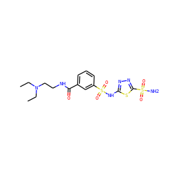 CCN(CC)CCNC(=O)c1cccc(S(=O)(=O)Nc2nnc(S(N)(=O)=O)s2)c1 ZINC000003925311