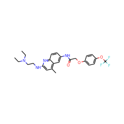CCN(CC)CCNc1cc(C)c2cc(NC(=O)COc3ccc(OC(F)(F)F)cc3)ccc2n1 ZINC000028570714