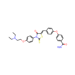 CCN(CC)CCOc1ccc(N2C(=O)/C(=C/c3ccc(Oc4ccc(C(N)=O)cc4)cc3)SC2=S)cc1 ZINC000084687813