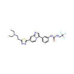 CCN(CC)CCc1nnc(-c2ccn3c(-c4cccc(NC(=O)NCC(F)(F)F)c4)cnc3c2)s1 ZINC000139659480