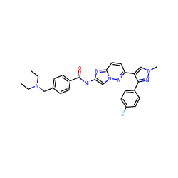 CCN(CC)Cc1ccc(C(=O)Nc2cn3nc(-c4cn(C)nc4-c4ccc(F)cc4)ccc3n2)cc1 ZINC001772583036