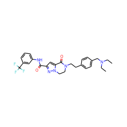 CCN(CC)Cc1ccc(CCN2CCn3nc(C(=O)Nc4cccc(C(F)(F)F)c4)cc3C2=O)cc1 ZINC000038149870
