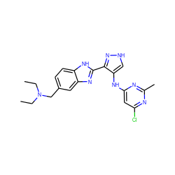 CCN(CC)Cc1ccc2[nH]c(-c3n[nH]cc3Nc3cc(Cl)nc(C)n3)nc2c1 ZINC000096271628