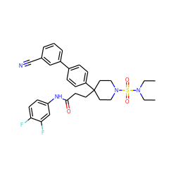 CCN(CC)S(=O)(=O)N1CCC(CCC(=O)Nc2ccc(F)c(F)c2)(c2ccc(-c3cccc(C#N)c3)cc2)CC1 ZINC000038157884