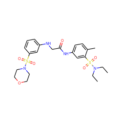 CCN(CC)S(=O)(=O)c1cc(NC(=O)CNc2cccc(S(=O)(=O)N3CCOCC3)c2)ccc1C ZINC000012522519