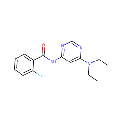 CCN(CC)c1cc(NC(=O)c2ccccc2F)ncn1 ZINC000169304521