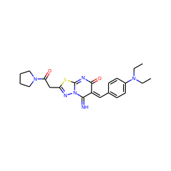 CCN(CC)c1ccc(/C=C2/C(=N)N3N=C(CC(=O)N4CCCC4)SC3=NC2=O)cc1 ZINC000009191971