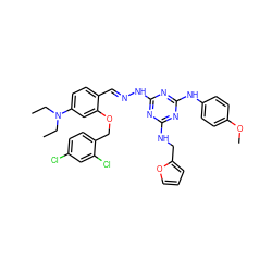 CCN(CC)c1ccc(/C=N/Nc2nc(NCc3ccco3)nc(Nc3ccc(OC)cc3)n2)c(OCc2ccc(Cl)cc2Cl)c1 ZINC000008397309