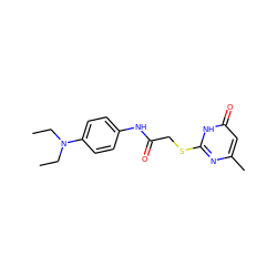 CCN(CC)c1ccc(NC(=O)CSc2nc(C)cc(=O)[nH]2)cc1 ZINC000018212498