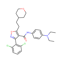 CCN(CC)c1ccc(NC(=O)c2c(-c3c(Cl)cccc3Cl)noc2CCC2CCOCC2)cc1 ZINC000028392580