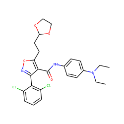 CCN(CC)c1ccc(NC(=O)c2c(-c3c(Cl)cccc3Cl)noc2CCC2OCCO2)cc1 ZINC000028389332