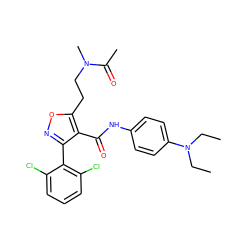 CCN(CC)c1ccc(NC(=O)c2c(-c3c(Cl)cccc3Cl)noc2CCN(C)C(C)=O)cc1 ZINC000028383390