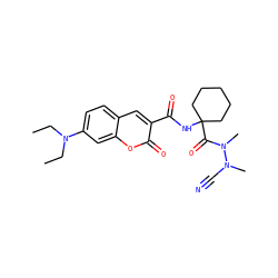 CCN(CC)c1ccc2cc(C(=O)NC3(C(=O)N(C)N(C)C#N)CCCCC3)c(=O)oc2c1 ZINC000095558607