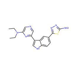 CCN(CC)c1cncc(-c2c[nH]c3ccc(-c4nnc(N)s4)cc23)n1 ZINC000204752278