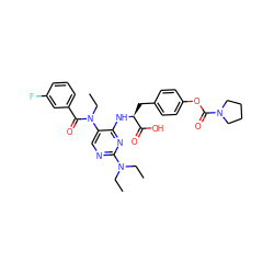 CCN(CC)c1ncc(N(CC)C(=O)c2cccc(F)c2)c(N[C@@H](Cc2ccc(OC(=O)N3CCCC3)cc2)C(=O)O)n1 ZINC000096273525