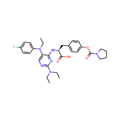 CCN(CC)c1ncc(N(CC)c2ccc(F)cc2)c(N[C@@H](Cc2ccc(OC(=O)N3CCCC3)cc2)C(=O)O)n1 ZINC000096273526