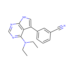 CCN(CC)c1ncnc2[nH]cc(-c3cccc(C#N)c3)c12 ZINC000210724193