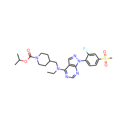 CCN(CC1CCN(C(=O)OC(C)C)CC1)c1ncnc2c1cnn2-c1ccc(S(C)(=O)=O)cc1F ZINC000071329783