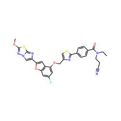 CCN(CCC#N)C(=O)c1ccc(-c2nc(COc3cc(F)cc4oc(-c5cn6nc(OC)sc6n5)cc34)cs2)cc1 ZINC000143359760