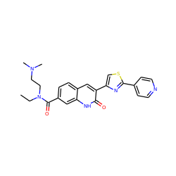 CCN(CCN(C)C)C(=O)c1ccc2cc(-c3csc(-c4ccncc4)n3)c(=O)[nH]c2c1 ZINC000014974725