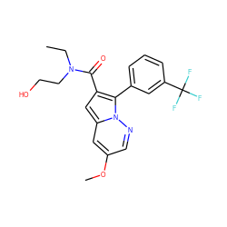 CCN(CCO)C(=O)c1cc2cc(OC)cnn2c1-c1cccc(C(F)(F)F)c1 ZINC000095557443