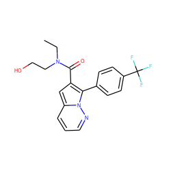 CCN(CCO)C(=O)c1cc2cccnn2c1-c1ccc(C(F)(F)F)cc1 ZINC000095557486