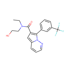 CCN(CCO)C(=O)c1cc2cccnn2c1-c1cccc(C(F)(F)F)c1 ZINC000095553285