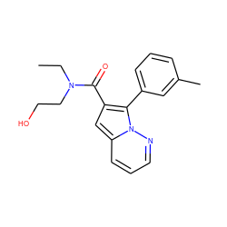 CCN(CCO)C(=O)c1cc2cccnn2c1-c1cccc(C)c1 ZINC000095554076