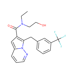 CCN(CCO)C(=O)c1cc2cccnn2c1Cc1cccc(C(F)(F)F)c1 ZINC000095557183