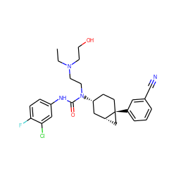 CCN(CCO)CCN(C(=O)Nc1ccc(F)c(Cl)c1)[C@@H]1CC[C@]2(c3cccc(C#N)c3)C[C@@H]2C1 ZINC000028649896