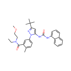 CCN(CCOC)C(=O)c1cc(-n2nc(C(C)(C)C)cc2NC(=O)Nc2cccc3ccccc23)ccc1C ZINC000064540399